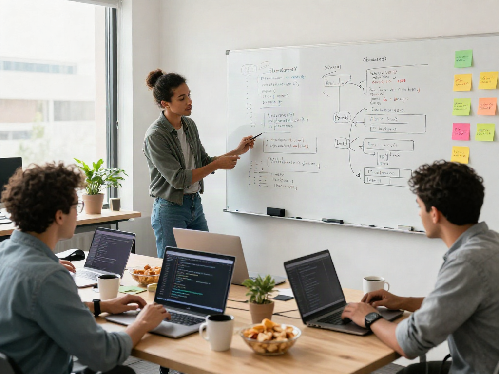 Collaboration in software development at https://alo8app.win/ showcasing innovative teamwork with code and creative elements.