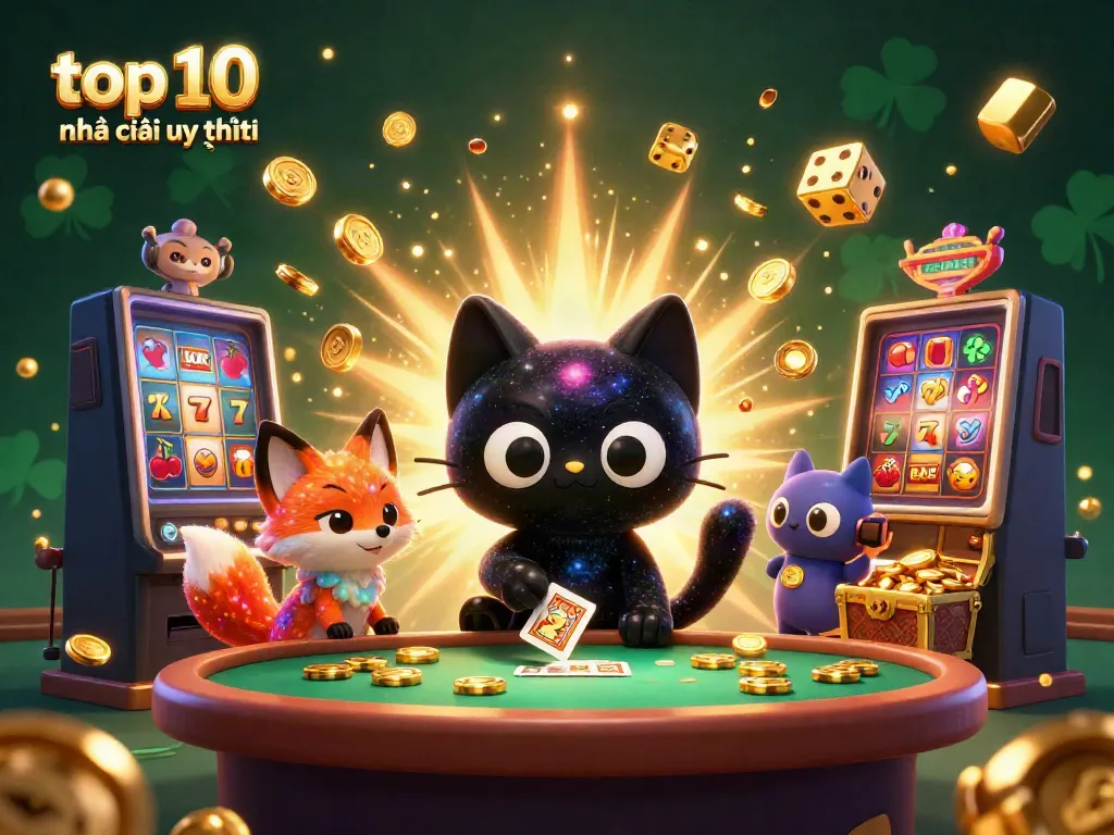 Engaging cosmic scene encapsulating top 10 nhà cái uy tín with vibrant casino elements featuring cartoon characters.