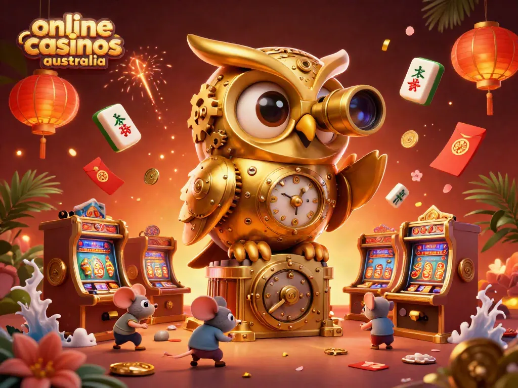 Experience the vibrant excitement of online casinos Australia illustrated by a clockwork owl.