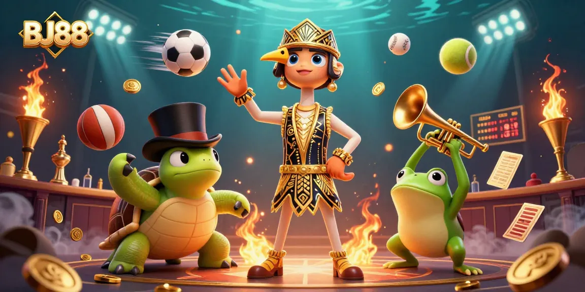 Experience the excitement of BJ88 with a 3D casino scene depicting engaging characters and dynamic sports elements.
