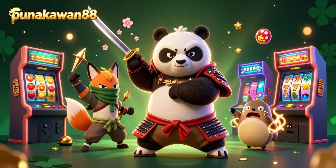 Punakawan88 offers exciting gameplay with a samurai panda, ninja fox, and magical tanuki in a lively casino-themed illustration.