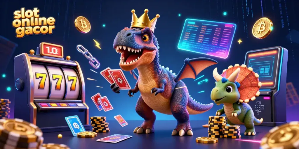 Play slot online gacor with a friendly T-Rex and vibrant casino elements in a lively scene.