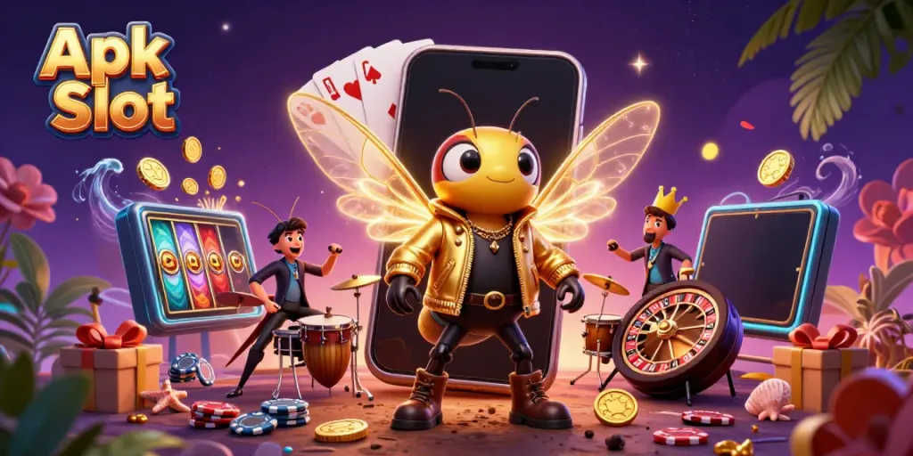 Permainan Apk Slot dengan karakter ceria dan unsur kasino yang dinamis.