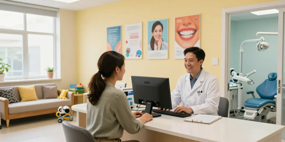Check out this site for a welcoming dental office scene with friendly staff and patients.