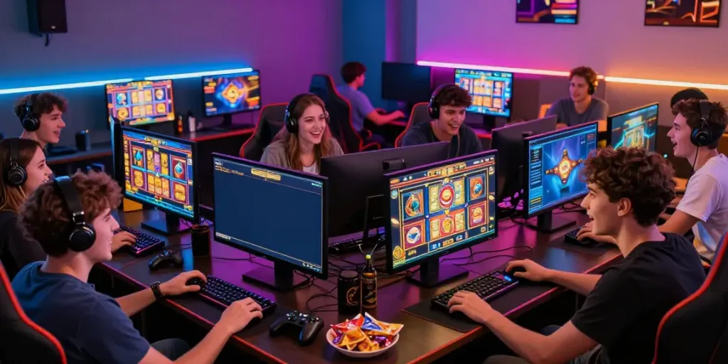 Friends enjoying ทดลองสล็อต in a vibrant gaming setup with glowing screens.
