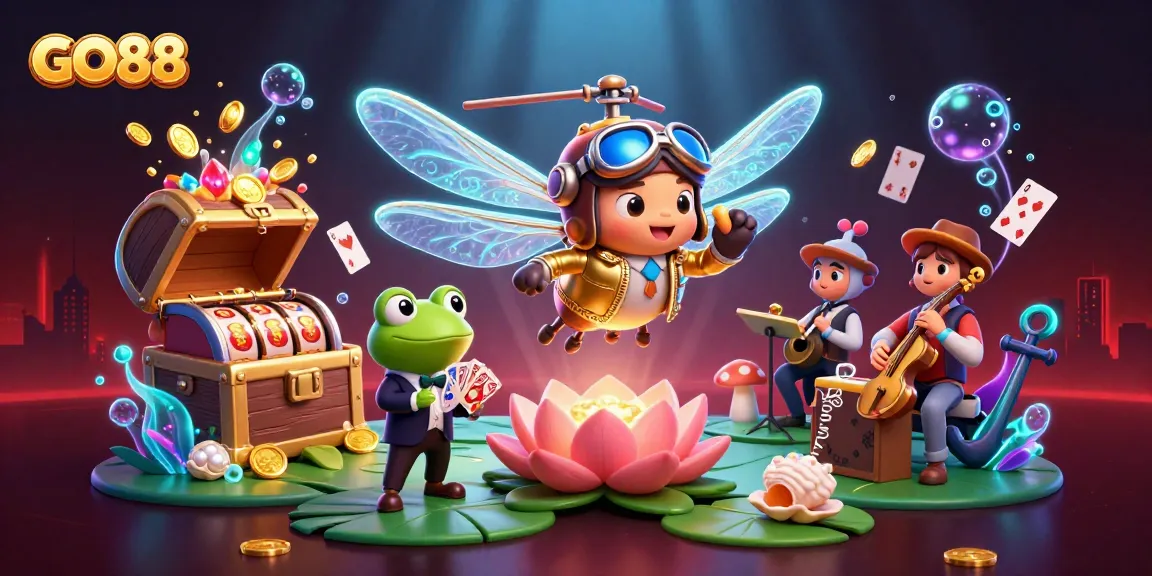 Spin the reels at GO88 casino with a lively dragonfly pilot and frog dealer in this vibrant illustration.