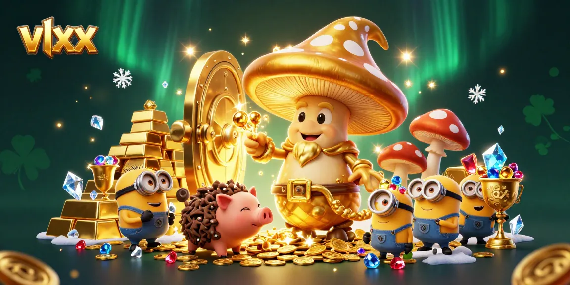 Experience magic and treasure with vlxx's golden mushroom wizard in a vibrant casino scene.