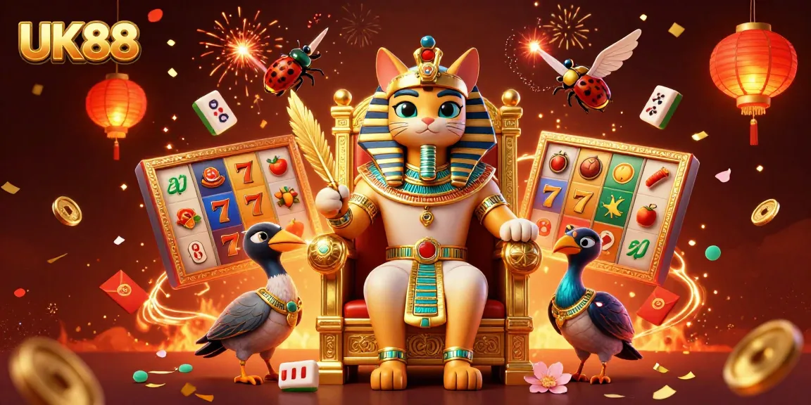 Engage with UK88's vibrant slot reels featuring an Egyptian pharaoh cat in an exhilarating casino scene.