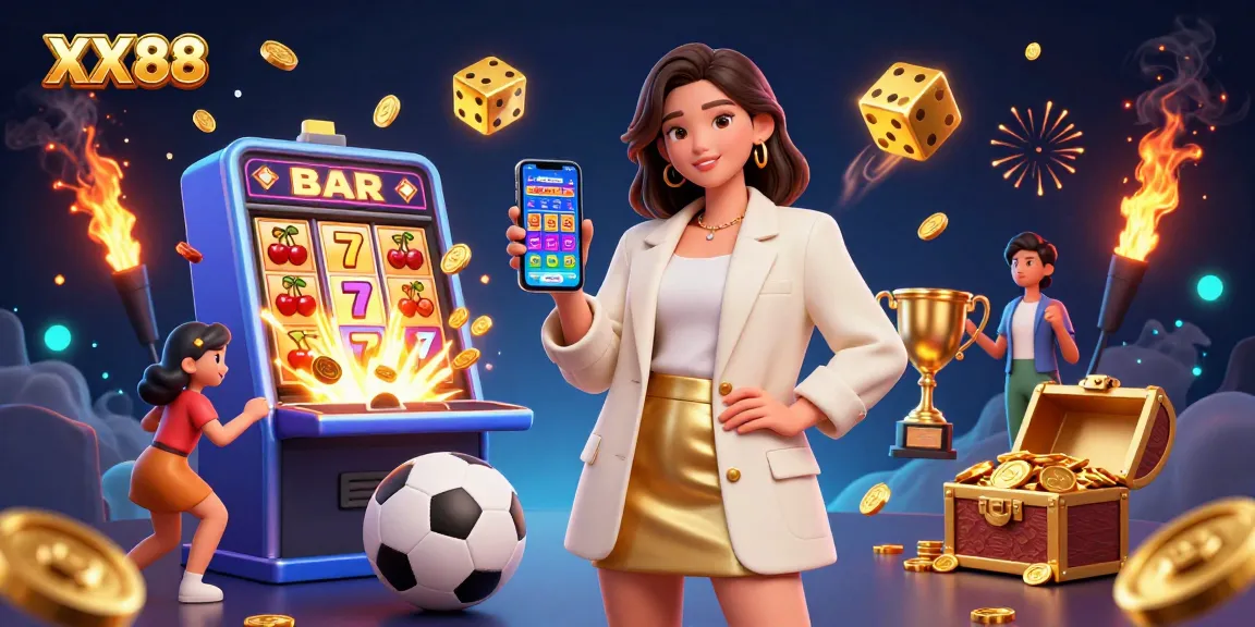 Engage with exciting gameplay at XX 88 as a beautiful Asian woman explores a thrilling sports betting app amidst vibrant casino elements.