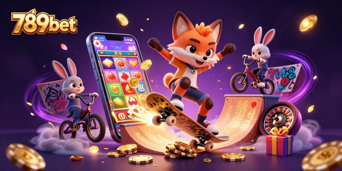 See the 789bet mascot skateboarder fox and BMX rabbit showcasing vibrant casino action.