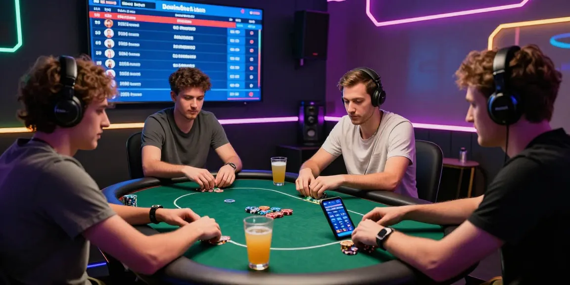 Engaging group playing Daftar Dominobet online poker in a vibrant gaming space.