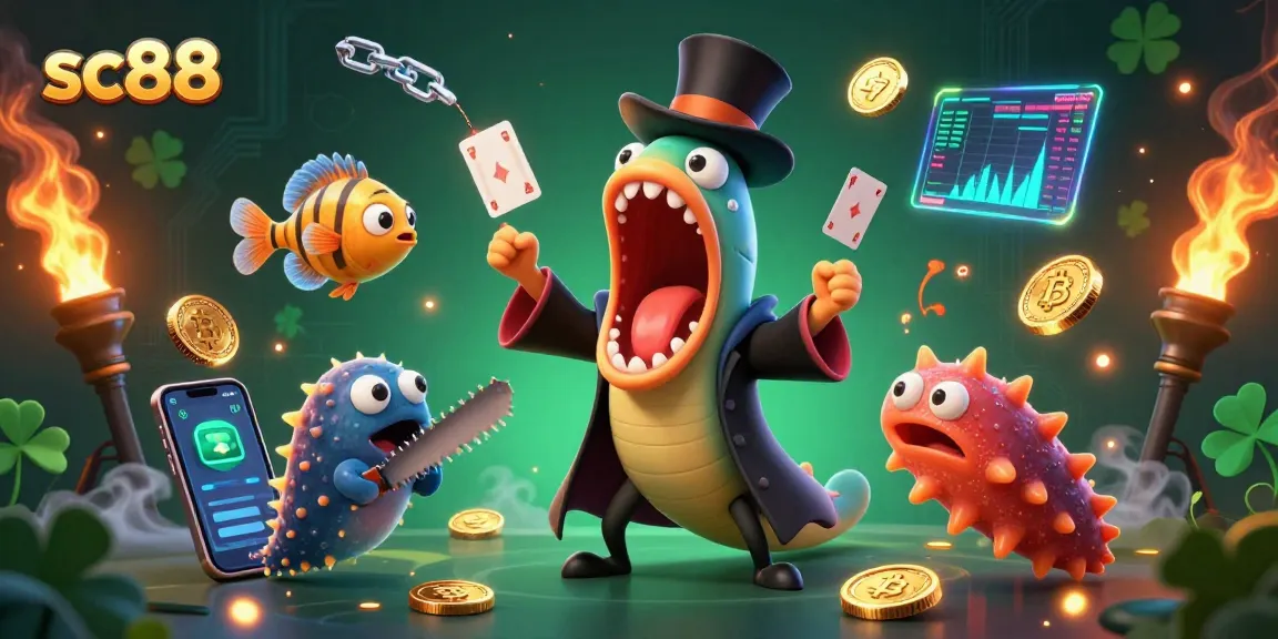 Enhance your gaming experience at sc88 with a cartoon eel magician performing tricks in a vibrant casino scene.