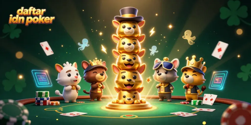 Engage with daftar idn poker at a vibrant 3D illustration featuring lively poker elements and characters.