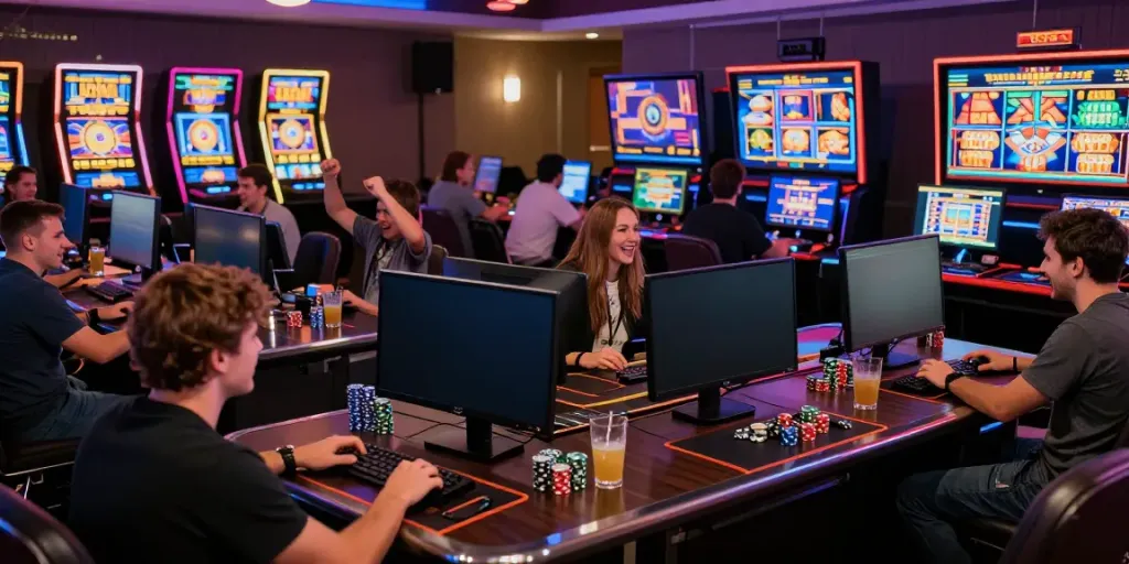 Engaged players in akunjp online casino cheering for wins while playing vibrant slot games.