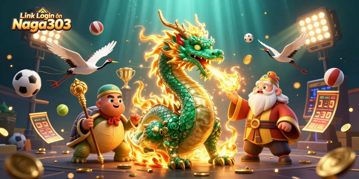 Experience the excitement of Link Login Naga303 with a dynamic 3D illustration showcasing a magical dragon and lucky symbols in action.