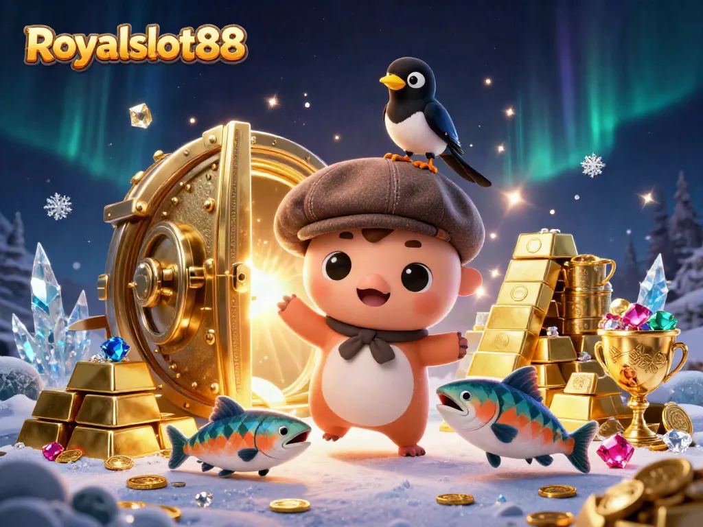Royalslot88 menampilkan ilustrasi kasino imersif dengan karakter kartun lucu dan elemen permainan menggiurkan.