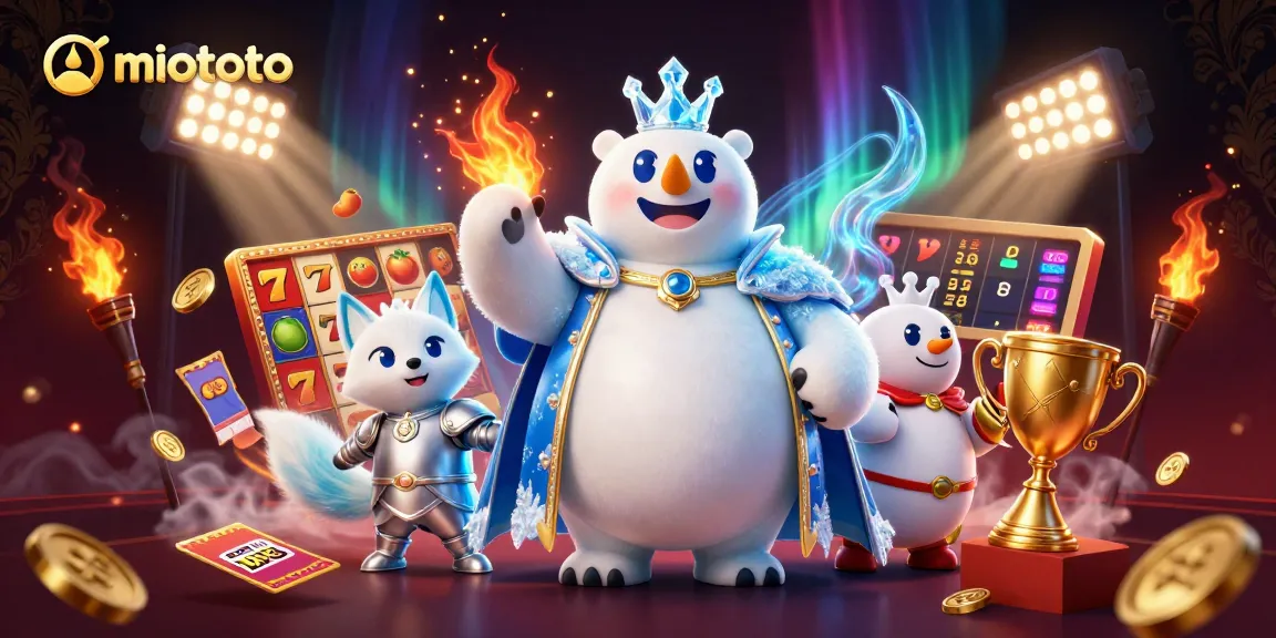 Win big with miototo: Slot reels and gold coins surround the playful ice king and snow fox.