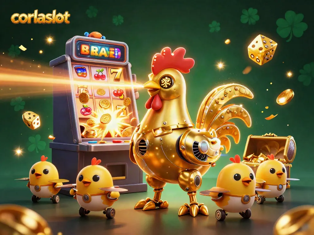Engage with corlaslot's thrilling experience as a robotic rooster leads baby chick drones amid jackpots and casino symbols.