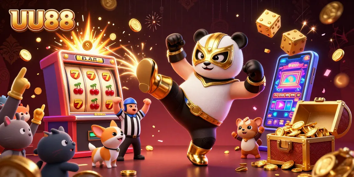 UU88 showcases an exciting scene with a panda wrestler kicking, symbolizing thrilling casino victories!