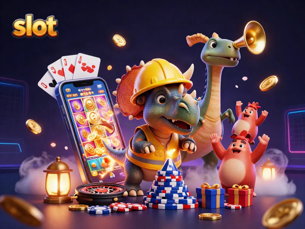 Pemain slot merayakan kemenangan, dengan simbol buah dan chip poker mewarnai suasana.