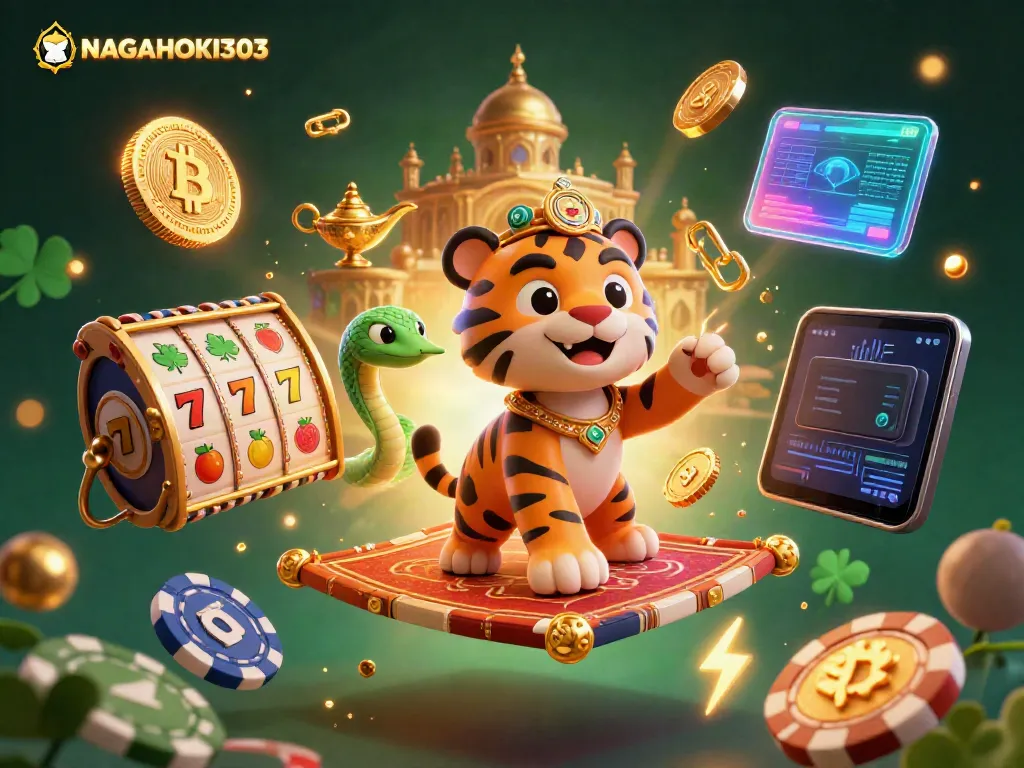 Menggoda kemenangan dengan NAGAHOKI303: Sultan macan di atas karpet poker dan simbol slot berkilau.