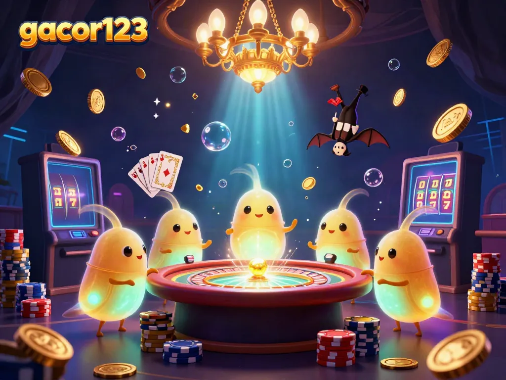 Experience lively gambling at gacor123 with glowing glowworms illuminating a vibrant casino scene.