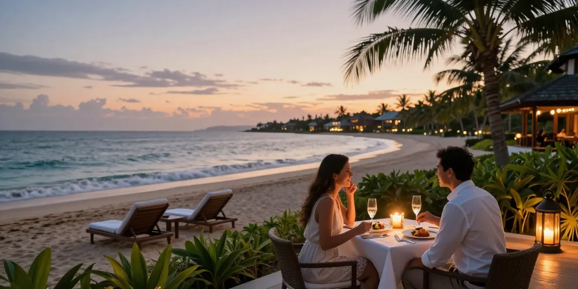 Momen romantis di tepi pantai dengan tema LUXURY111, pasangan menikmati makan malam mewah saat matahari terbenam.