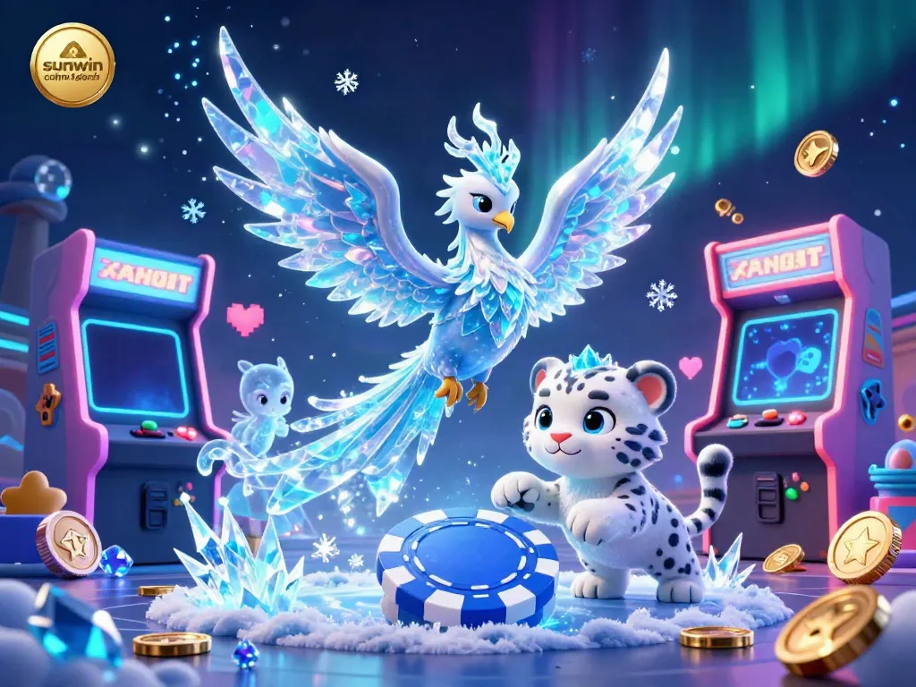 Experience the excitement of sunwin chính hãng with a playful ice phoenix, snow leopard, and dynamic gaming elements.