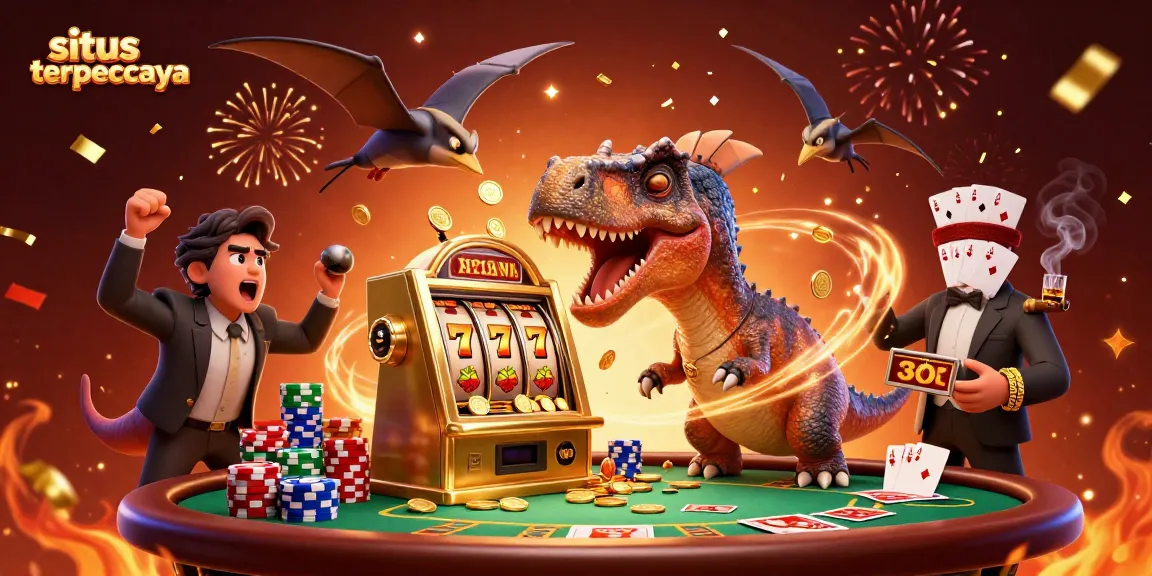 Experience winning at situs terpercaya with a cartoon pachycephalosaurus hitting a jackpot at a slot machine.