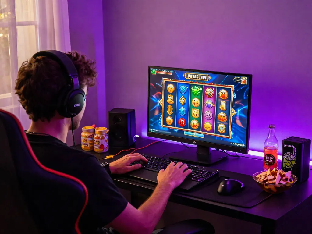 Player enjoying slot jackpot gaming at home with vibrant graphics and cozy atmosphere