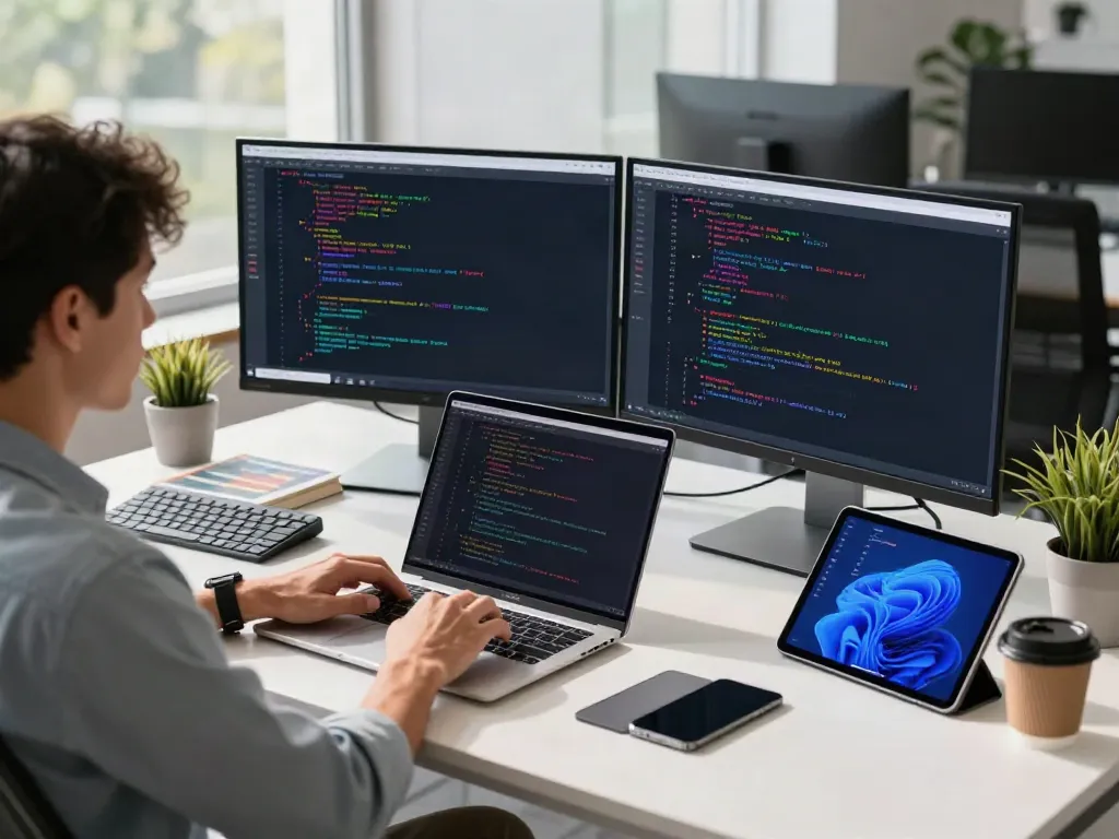 Engaging workspace on the A80 website with a developer coding on dual monitors.