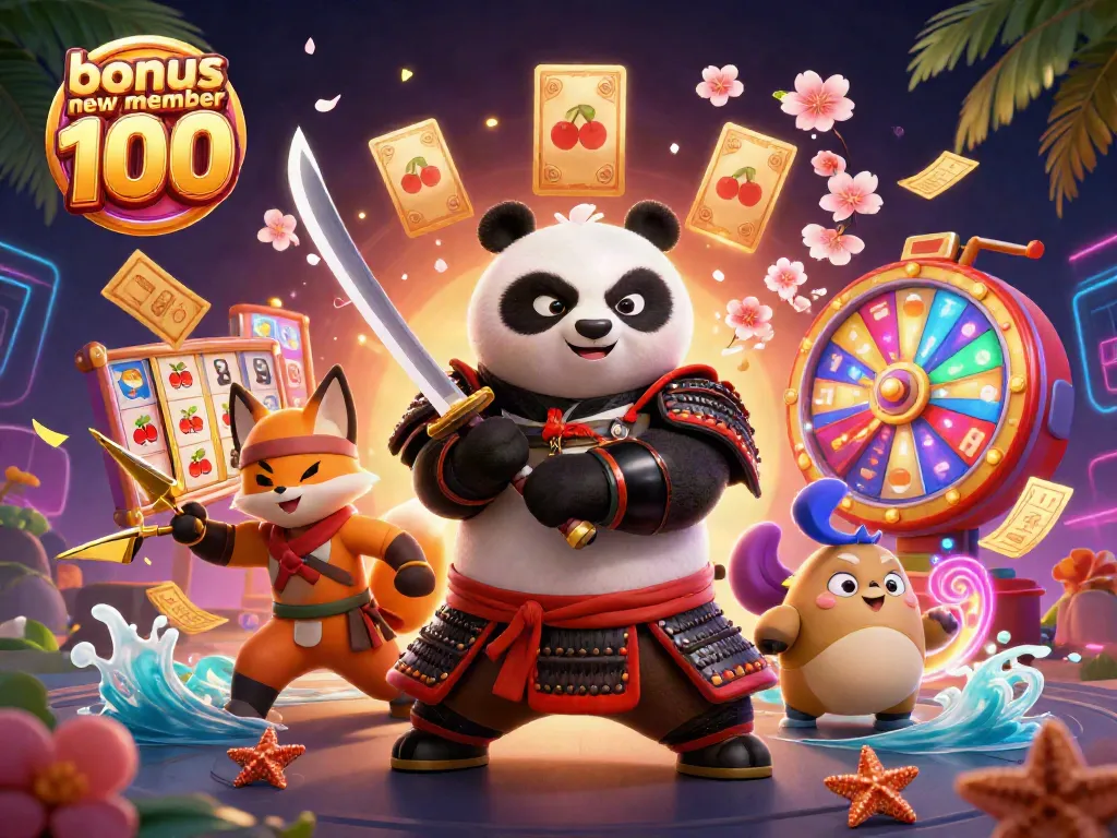 Engage in thrilling gameplay with bonus new member 100 featuring a samurai panda and ninja fox, surrounded by vibrant casino elements.