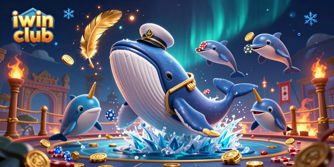 Experience the excitement of the iwin club with a dynamic scene of a cartoon whale and friends surrounded by coins and gaming elements.