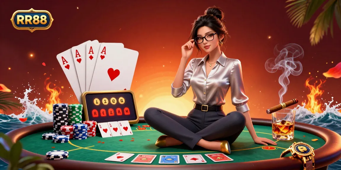 Engage with RR88's immersive casino experience featuring games, chips, and a stylish gamer.