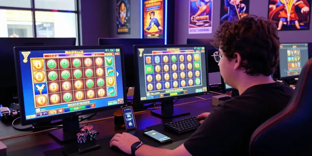 Engaged gamer playing slot jackpot games on multiple screens with vibrant graphics and tokens.