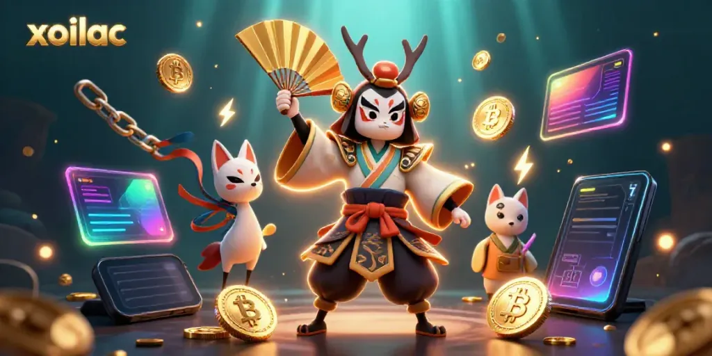 Experience xoilac's dynamic online gaming scene with vibrant 3D characters and crypto elements.