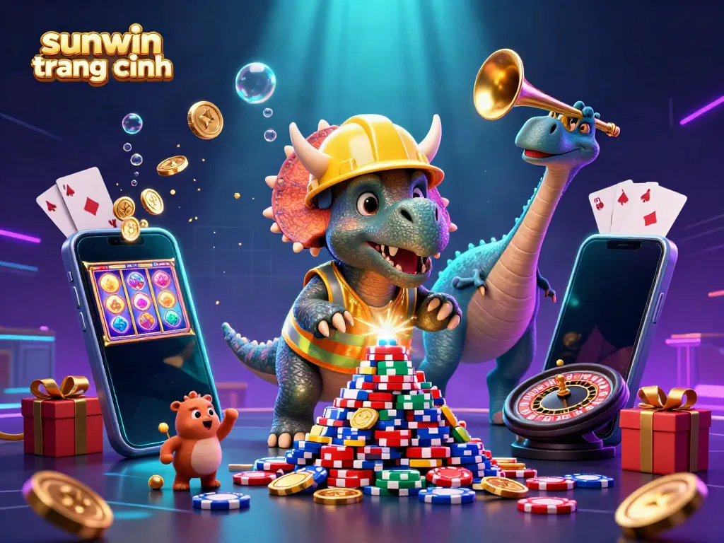 Engaging scene of sunwin trang chính featuring characters celebrating over poker chips with casino elements.