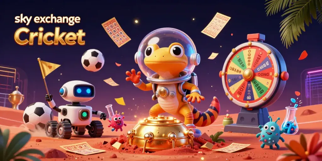 Engaging scene of sky exchange Cricket sports betting with cartoon characters and vibrant betting elements.
