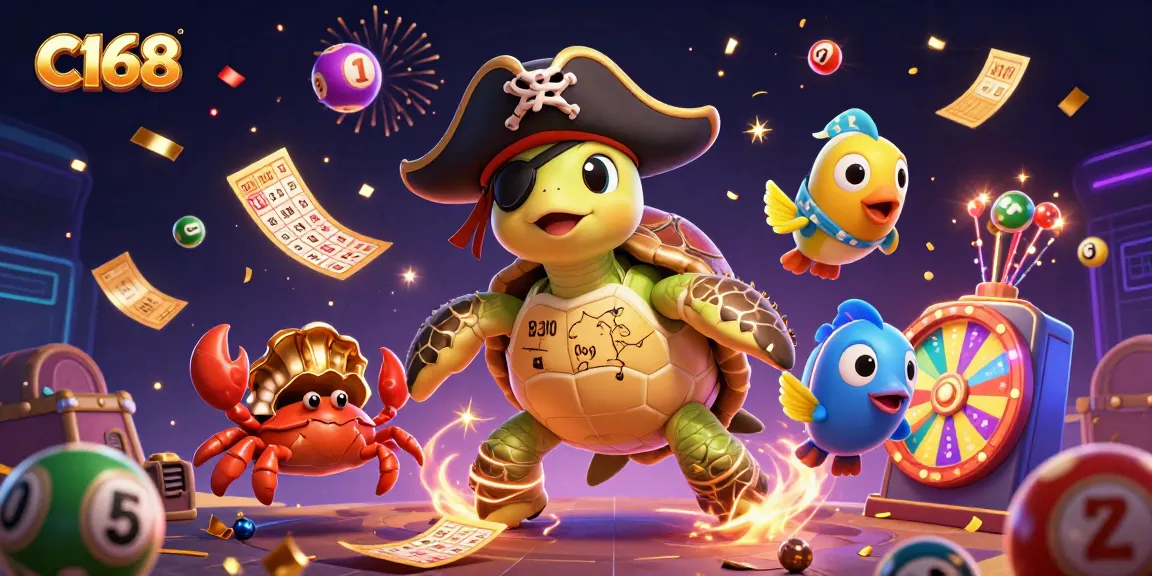 C168 gameplay scene featuring a pirate turtle with lottery balls, bingo card, and dynamic casino elements.