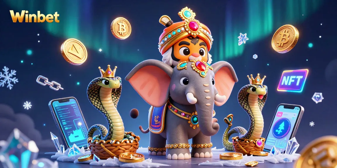 Winbet's vibrant cartoon scene featuring a maharaja tiger, jewel elephant, and crypto elements in a luxurious casino environment.