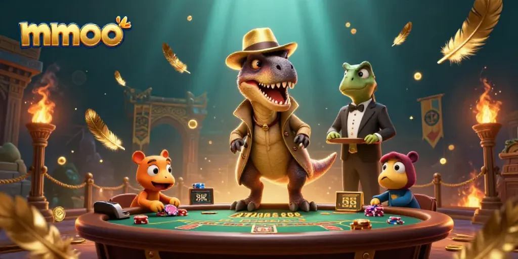 Experience high-stakes gambling with mmoo at this vibrant casino scene with dinosaurs.