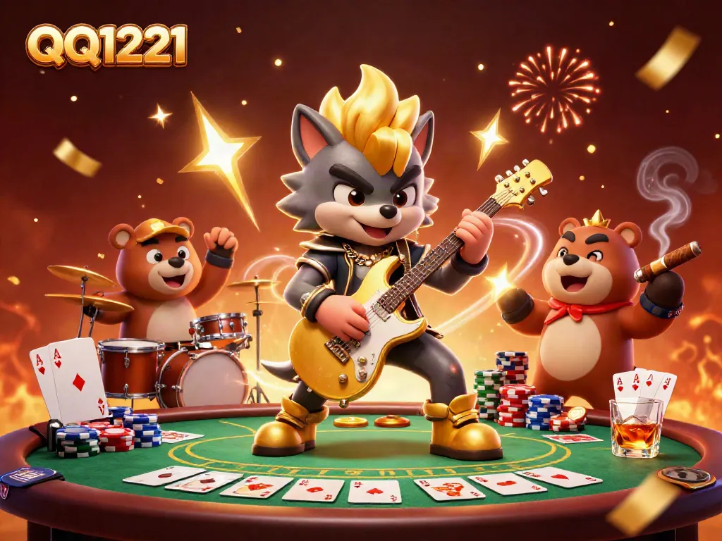 Experience high-energy gaming with QQ1221 featuring a cartoon rock star wolf performing on stage.