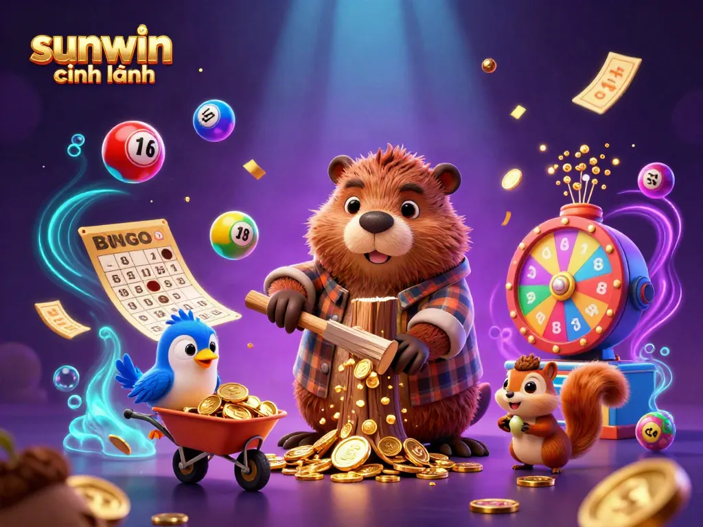 Experience the excitement of sunwin chính hãng with a lively scene of characters collecting golden coins amid vibrant casino elements.
