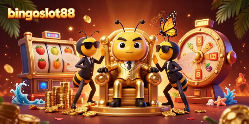 Bingoslot88 menghadirkan suasana kasino yang meriah dengan bos lebah 3D terperinci di tahta sarang madu, dikelilingi elemen permainan slot yang menarik.
