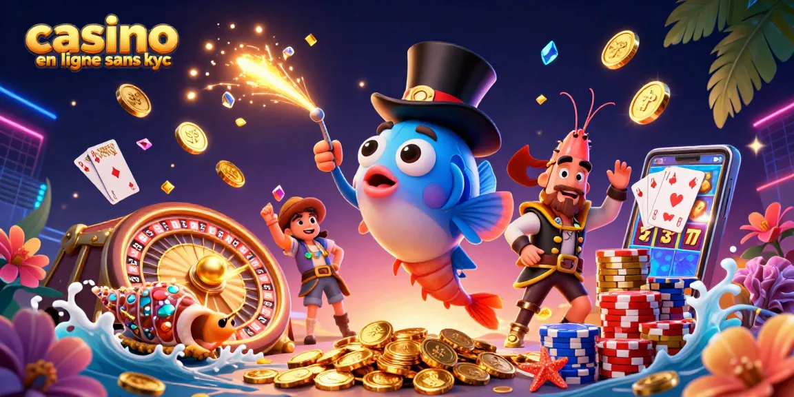 Cascade golden coins and gems in a vibrant scene showcasing casino en ligne sans kyc with deep-sea characters and game elements.