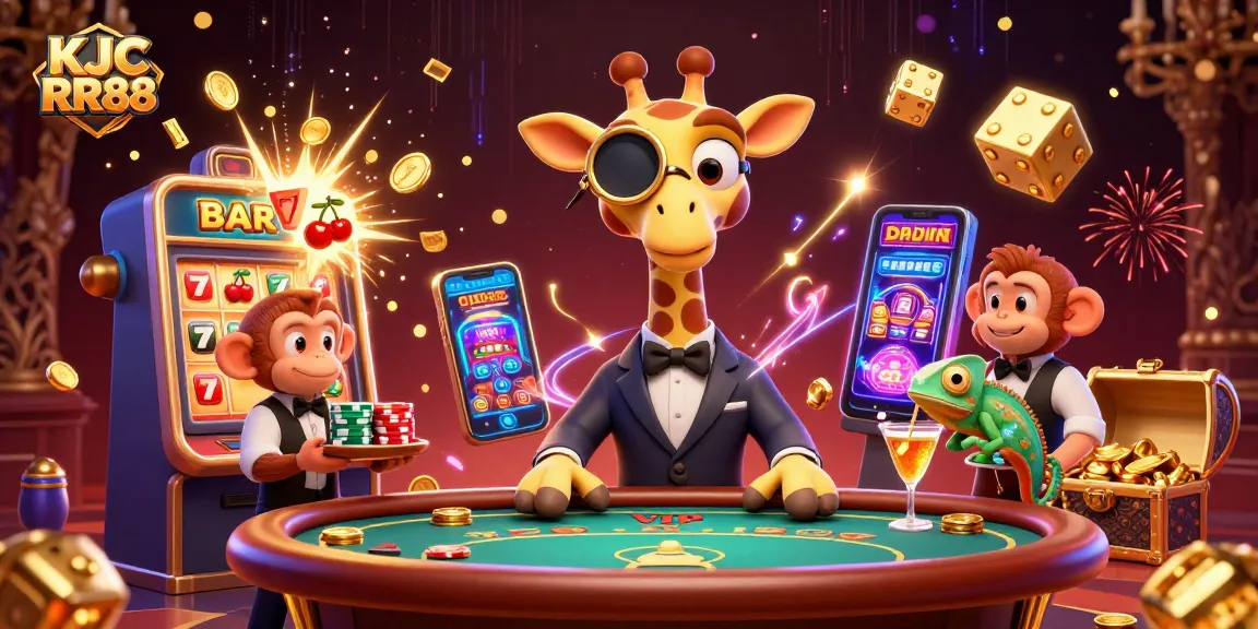 Experience the excitement with KJC RR88 at a vibrant casino, featuring a giraffe, monkey valet, and chameleon bartender.