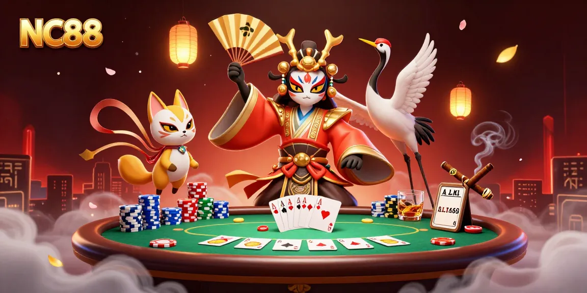 Experience the thrill of NC88 with kabuki warriors at a vibrant poker table.