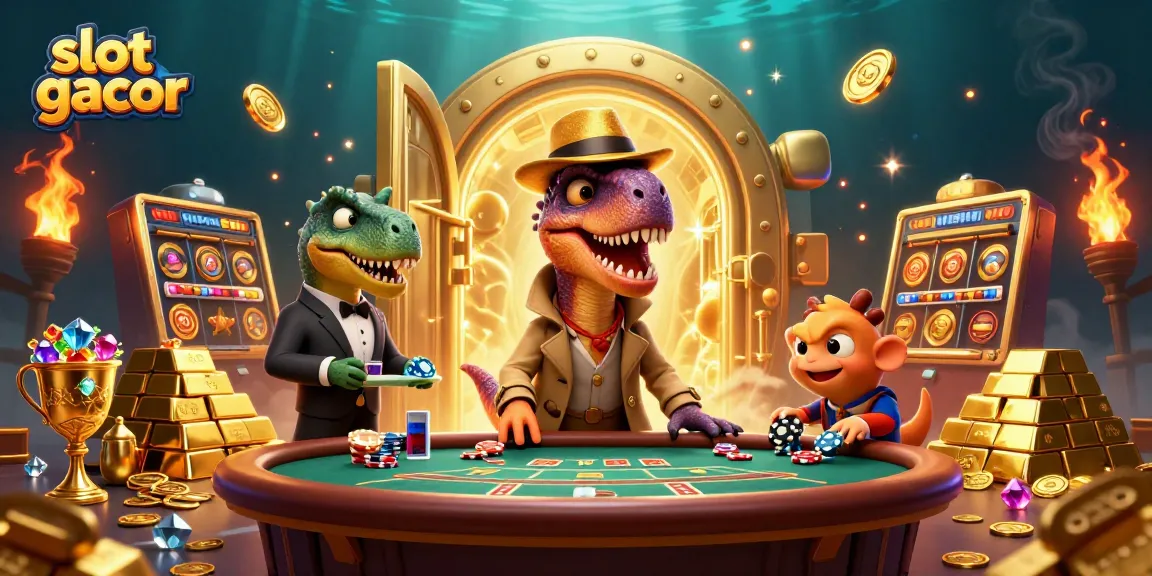 Engage with slot gacor excitement in this dynamic 3D casino scene with cartoon dinosaurs.