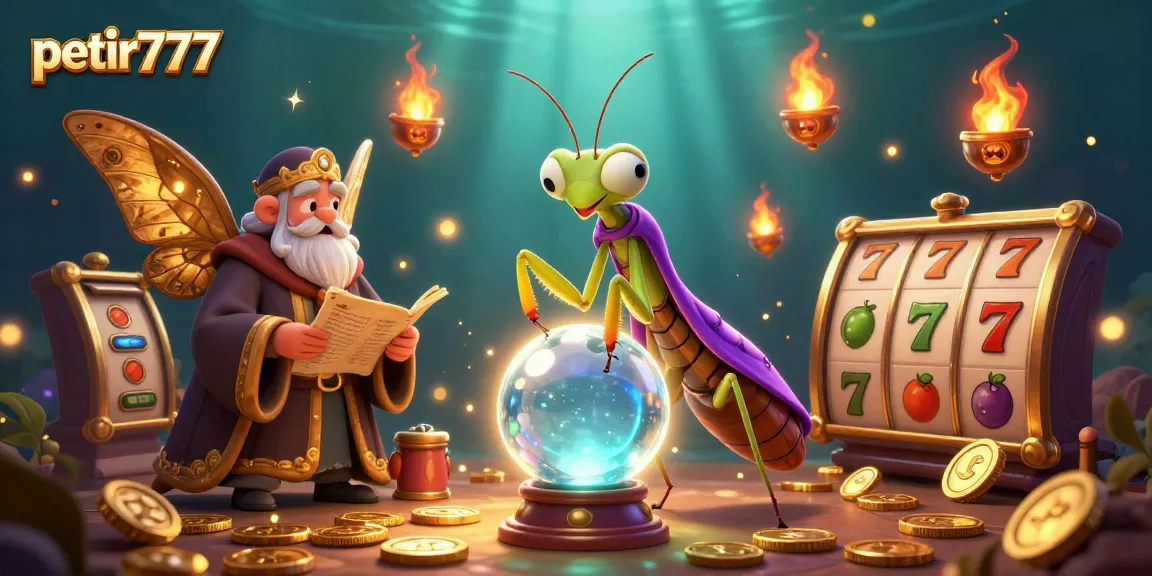 Engage with petir777, featuring a dynamic 3D casino scene with fortune tellers and vibrant game elements.