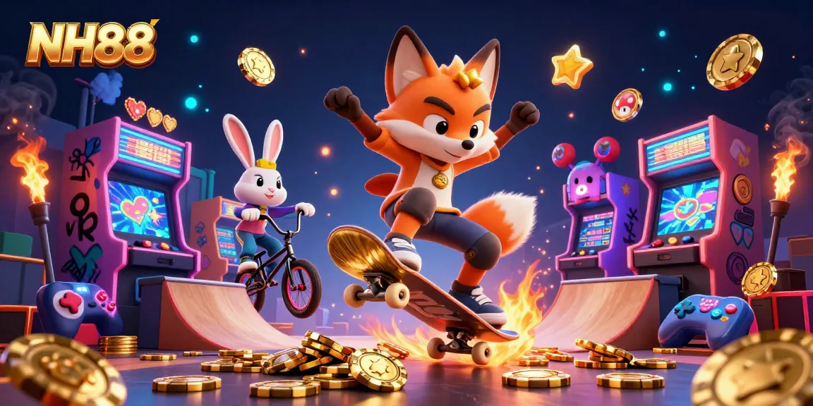 Experience NH88 with thrilling 3D animations of a skateboarder fox and BMX rabbit in a vibrant casino world.